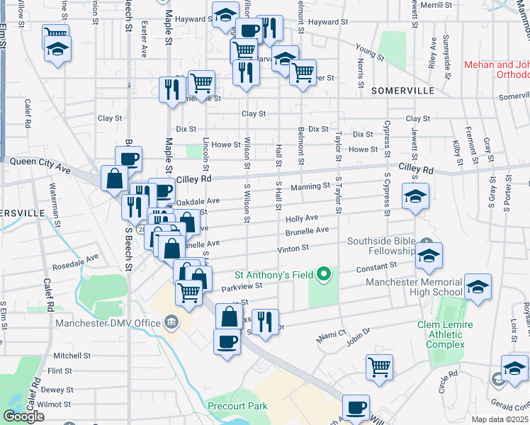 map of restaurants, bars, coffee shops, grocery stores, and more near 55 South Hall Street in Manchester