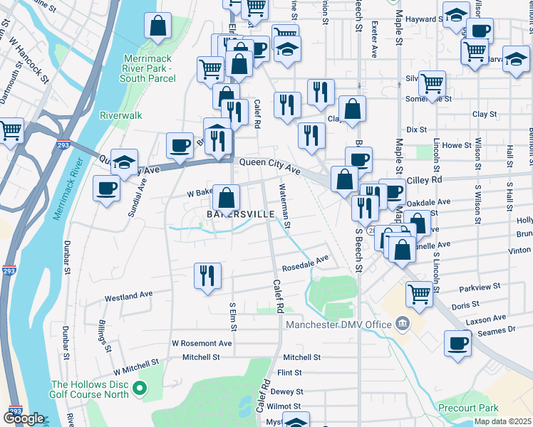 map of restaurants, bars, coffee shops, grocery stores, and more near 198 Calef Road in Manchester