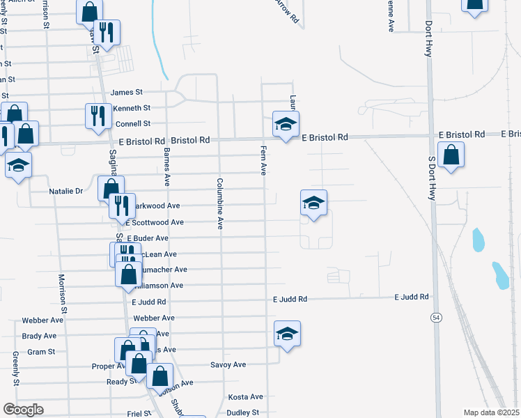 map of restaurants, bars, coffee shops, grocery stores, and more near 2227 East Parkwood Avenue in Burton