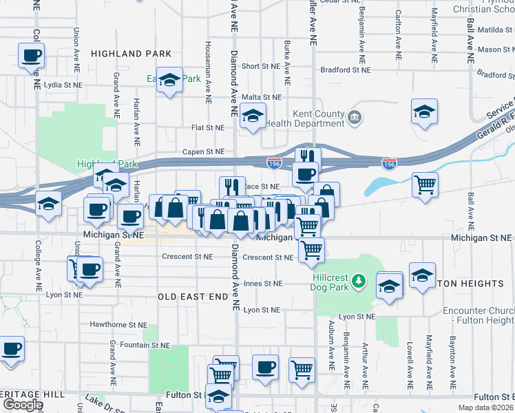 map of restaurants, bars, coffee shops, grocery stores, and more near 1014 Race Street Northeast in Grand Rapids