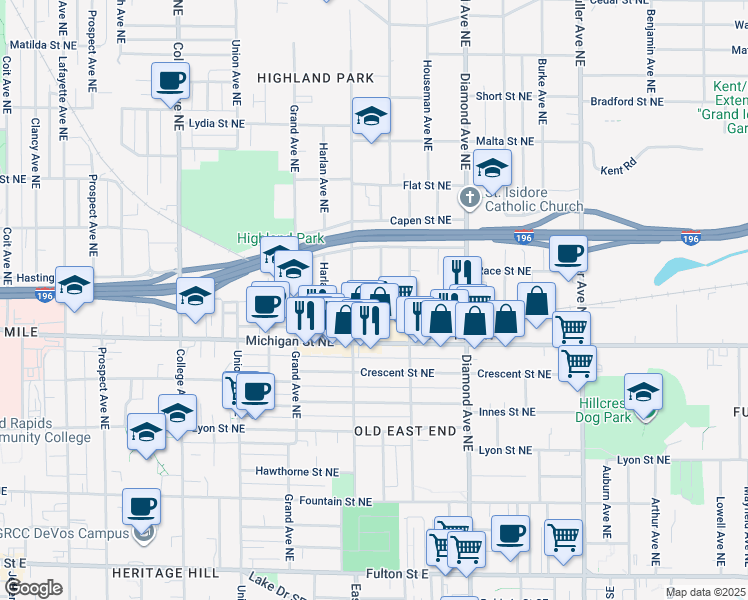 map of restaurants, bars, coffee shops, grocery stores, and more near 467 Emerald Avenue Northeast in Grand Rapids