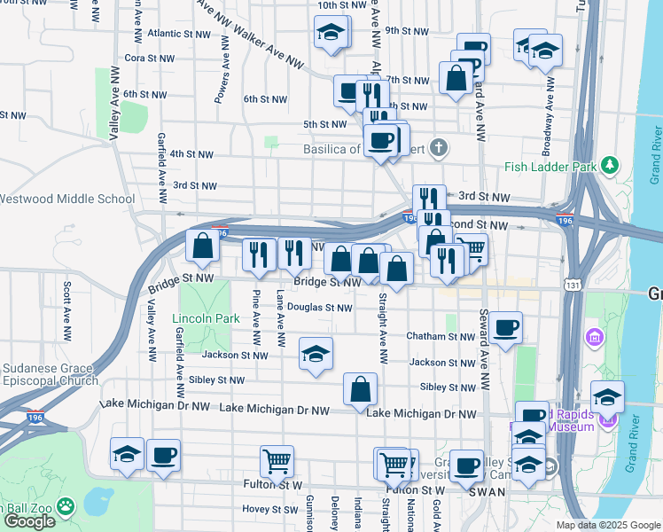 map of restaurants, bars, coffee shops, grocery stores, and more near 858 First Street Northwest in Grand Rapids