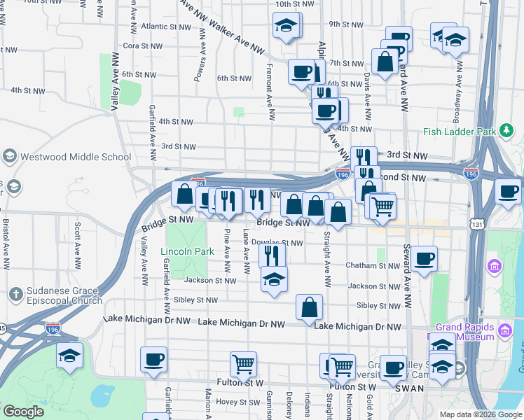 map of restaurants, bars, coffee shops, grocery stores, and more near 916 First Street Northwest in Grand Rapids