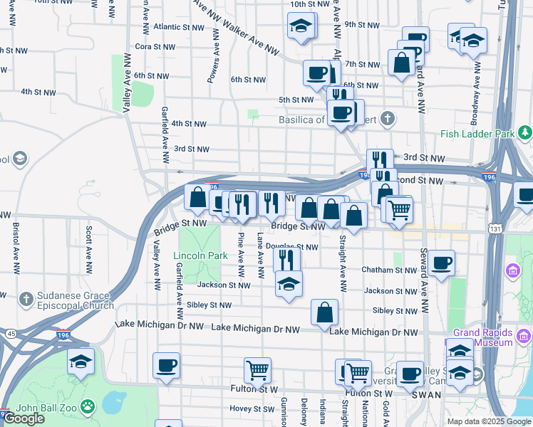 map of restaurants, bars, coffee shops, grocery stores, and more near 916 First Street Northwest in Grand Rapids