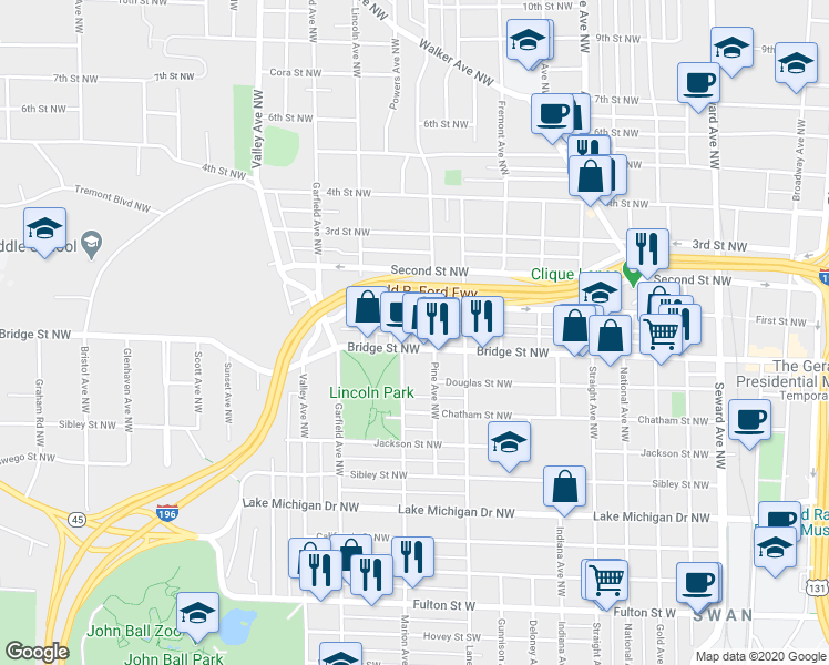 map of restaurants, bars, coffee shops, grocery stores, and more near 1060 First Street Northwest in Grand Rapids