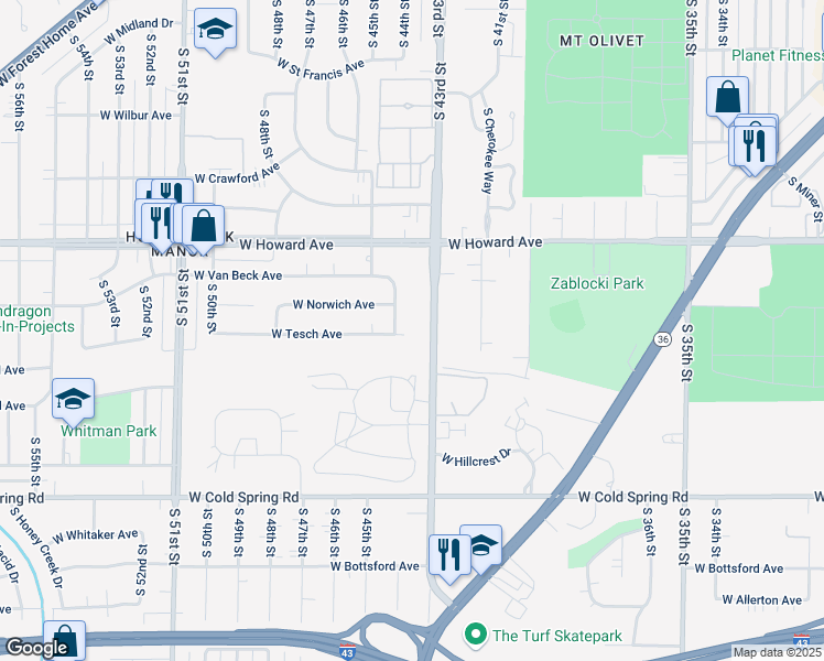 map of restaurants, bars, coffee shops, grocery stores, and more near 3961 South 43rd Street in Greenfield