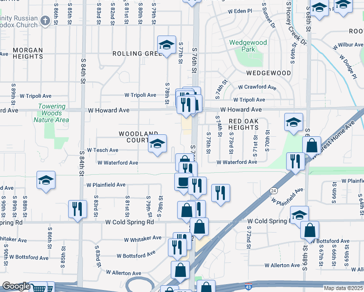 map of restaurants, bars, coffee shops, grocery stores, and more near 4032 South 77th Street in Milwaukee