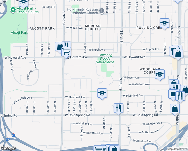map of restaurants, bars, coffee shops, grocery stores, and more near 8804 West Waterford Square South in Greenfield