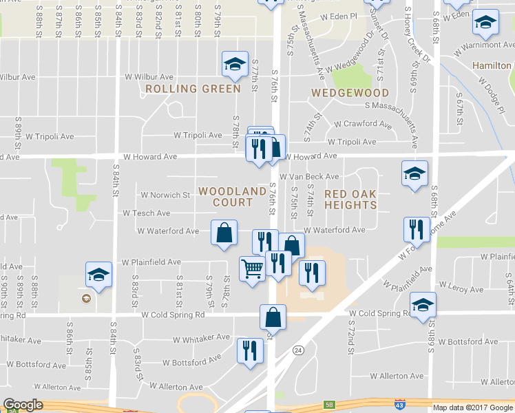 map of restaurants, bars, coffee shops, grocery stores, and more near 3963 South 76th Street in Milwaukee