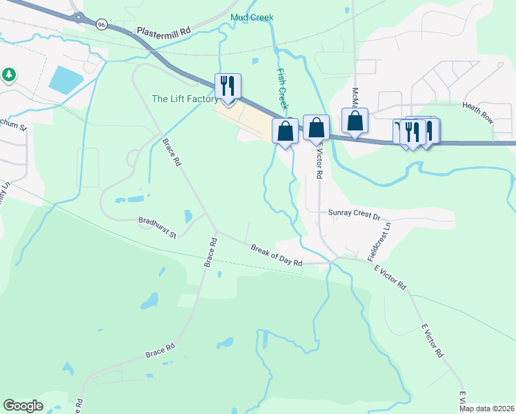 map of restaurants, bars, coffee shops, grocery stores, and more near 1337 Wagon Trail Drive in Victor