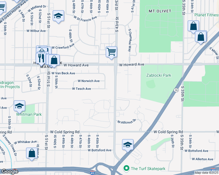 map of restaurants, bars, coffee shops, grocery stores, and more near 3961 South 43rd Street in Greenfield