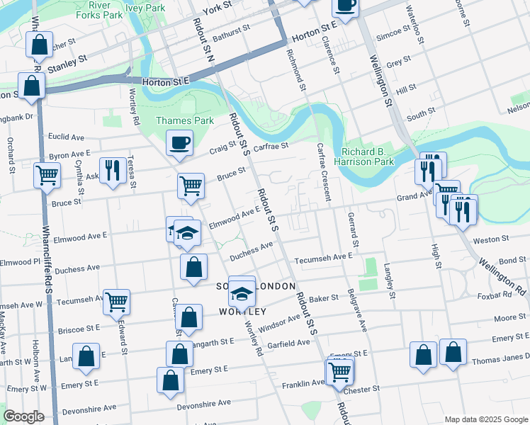 map of restaurants, bars, coffee shops, grocery stores, and more near 203 Elmwood Avenue East in London