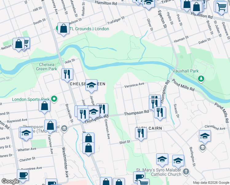 map of restaurants, bars, coffee shops, grocery stores, and more near 101 Veronica Avenue in London