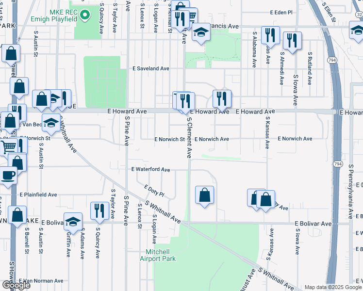 map of restaurants, bars, coffee shops, grocery stores, and more near 4017 South Clement Avenue in Milwaukee