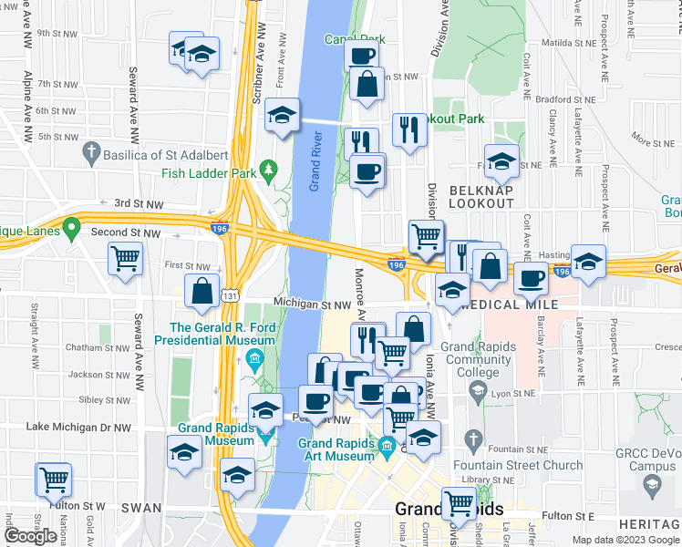 map of restaurants, bars, coffee shops, grocery stores, and more near 225 Michigan Street Northwest in Grand Rapids