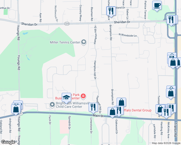map of restaurants, bars, coffee shops, grocery stores, and more near 53 Old Tower Lane in Erie County