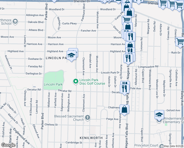 map of restaurants, bars, coffee shops, grocery stores, and more near 495 Wendel Avenue in Buffalo