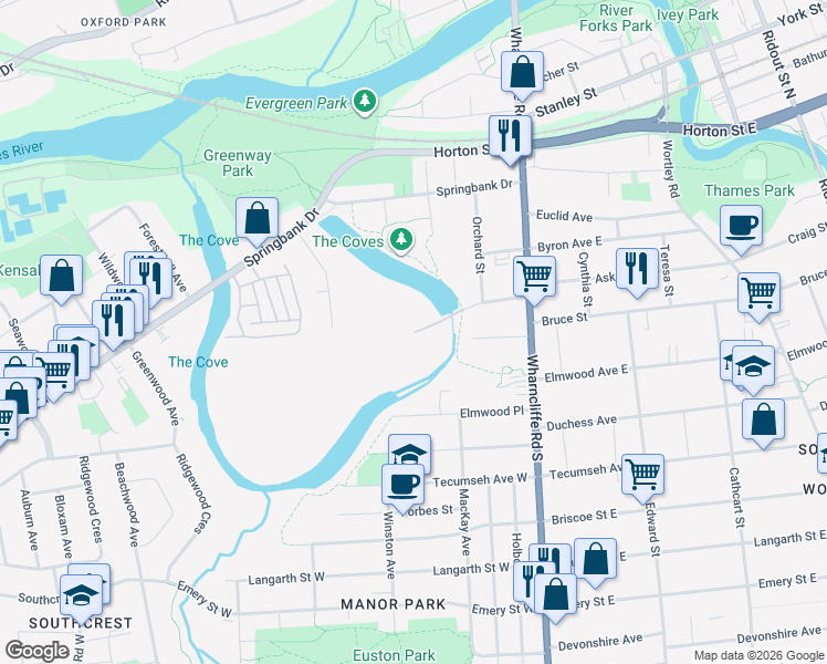map of restaurants, bars, coffee shops, grocery stores, and more near 87 Cove Road in London