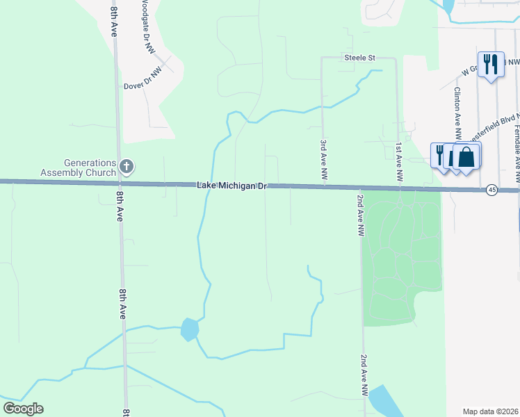 map of restaurants, bars, coffee shops, grocery stores, and more near 11139 Mountain Ash Avenue Northwest in Grand Rapids