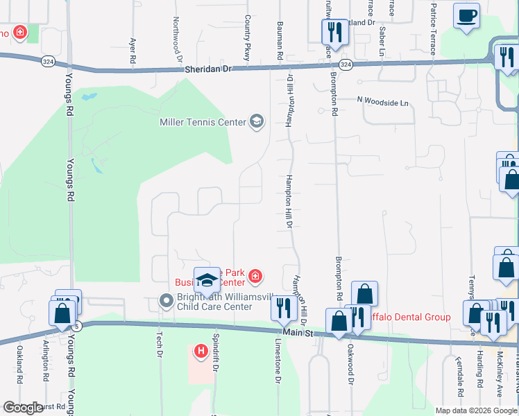 map of restaurants, bars, coffee shops, grocery stores, and more near 53 Old Tower Lane in Erie County