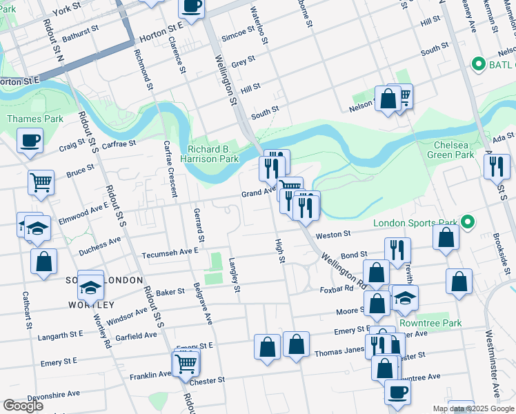map of restaurants, bars, coffee shops, grocery stores, and more near 63 High Street in London