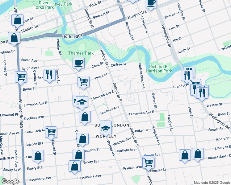map of restaurants, bars, coffee shops, grocery stores, and more near 97 Ridout Street South in London