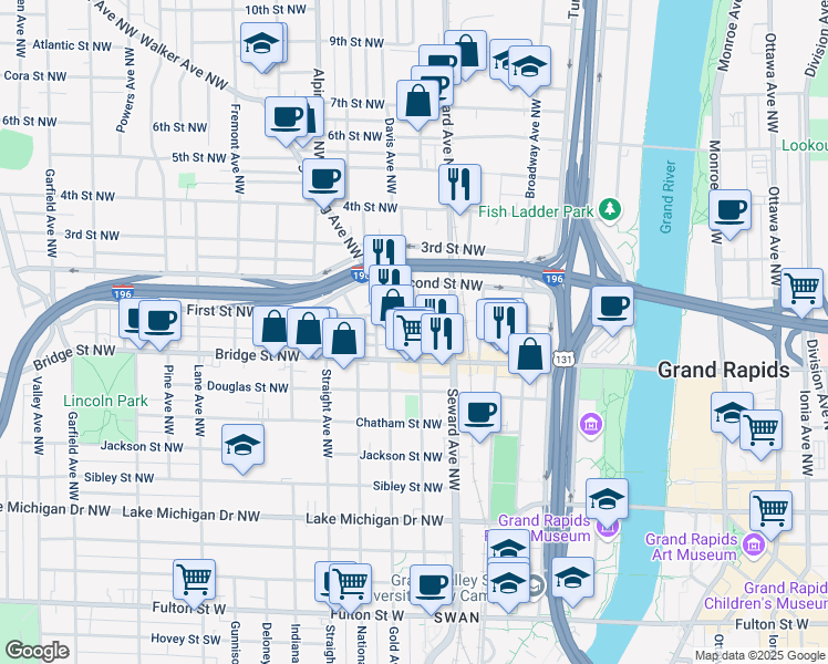 map of restaurants, bars, coffee shops, grocery stores, and more near 643 First Street Northwest in Grand Rapids