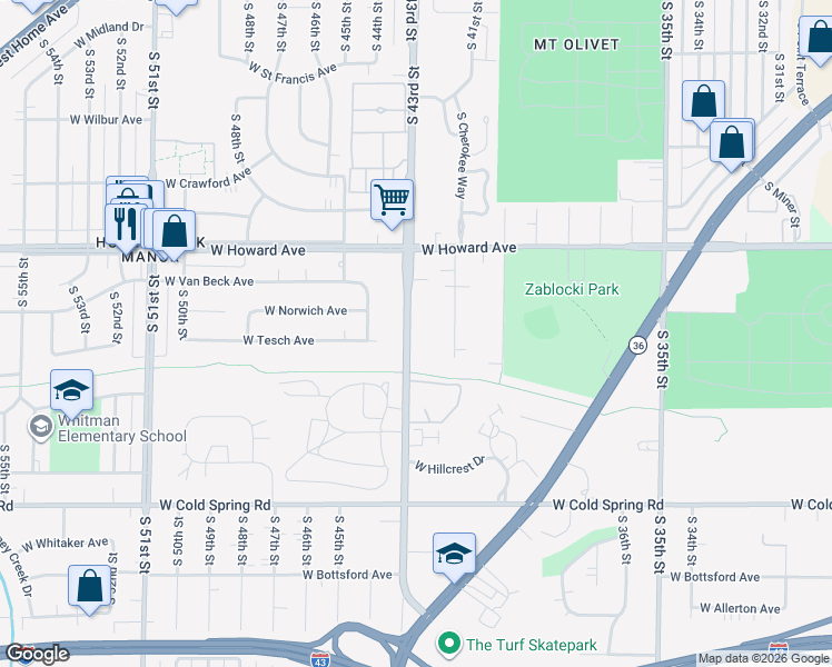 map of restaurants, bars, coffee shops, grocery stores, and more near 4022 South 43rd Street in Greenfield