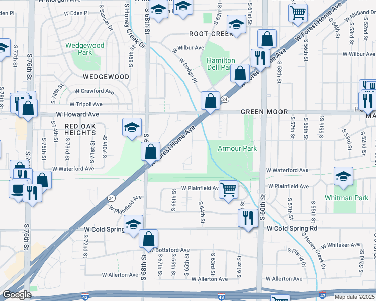 map of restaurants, bars, coffee shops, grocery stores, and more near 6511 West Forest Home Avenue in Greenfield