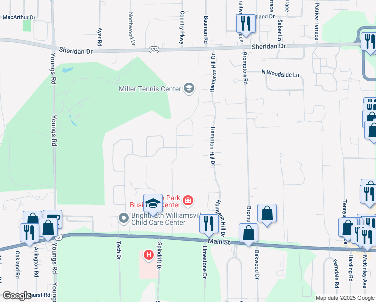 map of restaurants, bars, coffee shops, grocery stores, and more near 106 Old Tower Lane in Buffalo