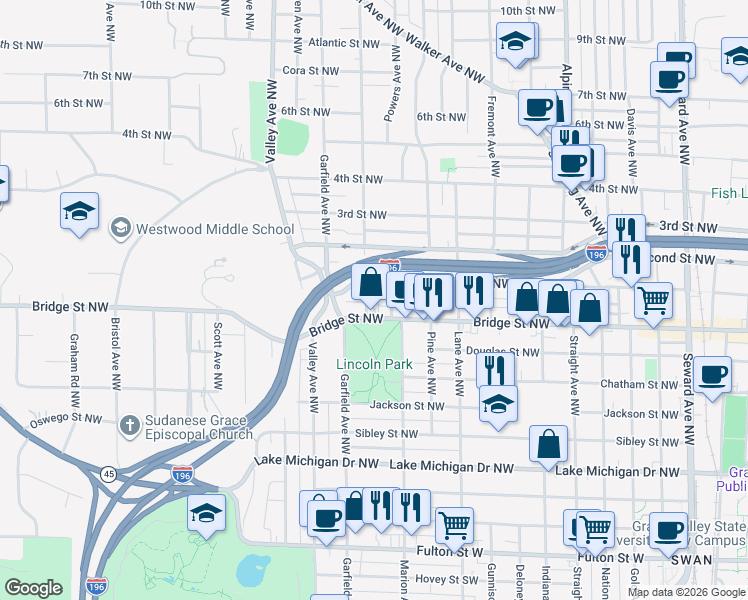 map of restaurants, bars, coffee shops, grocery stores, and more near 434 Lincoln Avenue Northwest in Grand Rapids