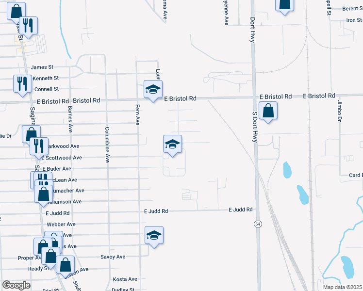 map of restaurants, bars, coffee shops, grocery stores, and more near 2354 East Parkwood Avenue in Burton