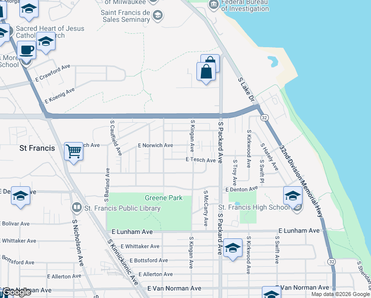 map of restaurants, bars, coffee shops, grocery stores, and more near 3975 South Kingan Avenue in Saint Francis