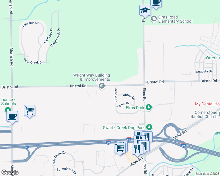 map of restaurants, bars, coffee shops, grocery stores, and more near 7133 Bristol Road in Swartz Creek
