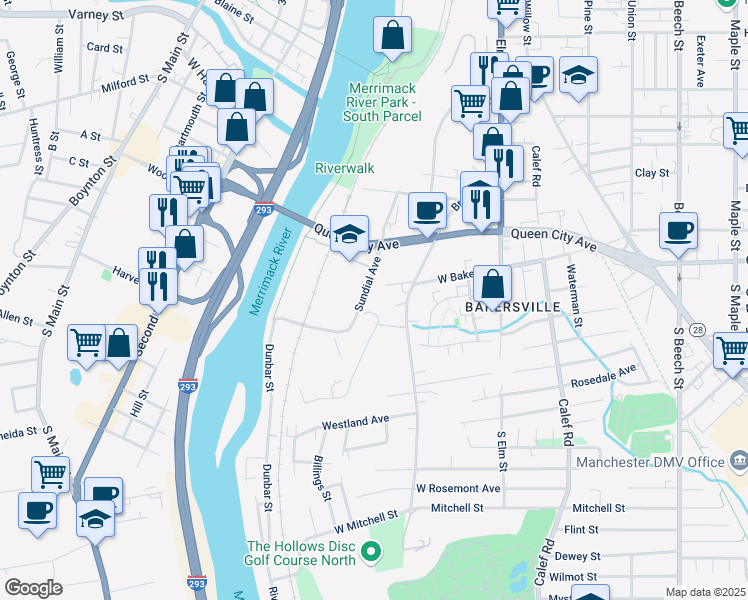 map of restaurants, bars, coffee shops, grocery stores, and more near 77 Sundial Avenue in Manchester