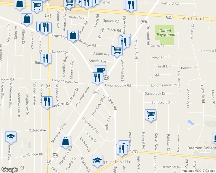 map of restaurants, bars, coffee shops, grocery stores, and more near in Eggertsville