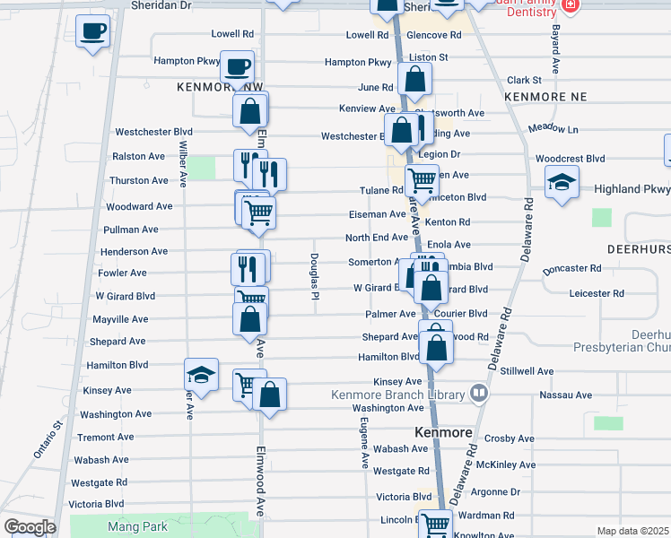 map of restaurants, bars, coffee shops, grocery stores, and more near 89 Somerton Avenue in Kenmore