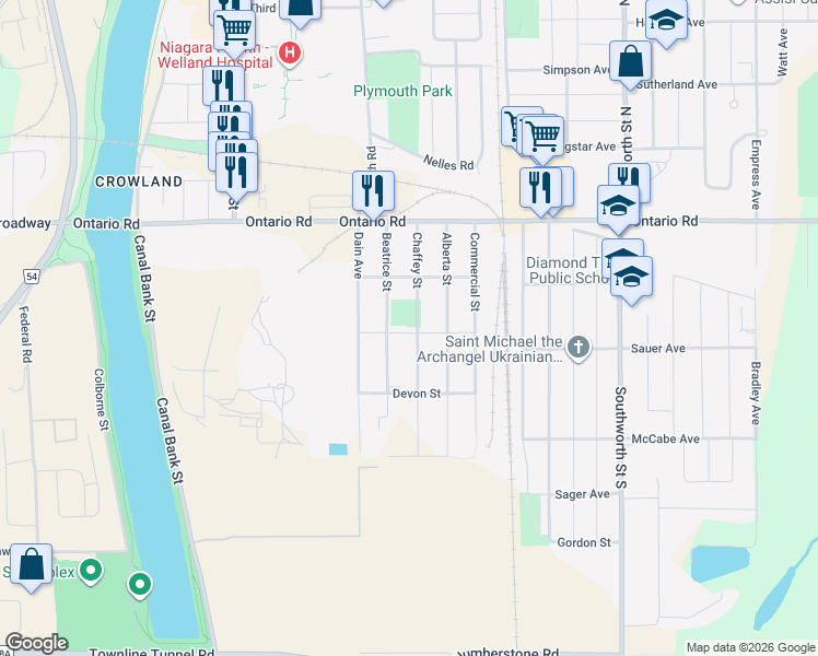 map of restaurants, bars, coffee shops, grocery stores, and more near in Welland