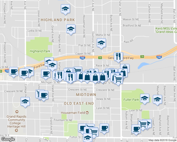 map of restaurants, bars, coffee shops, grocery stores, and more near 468 Tuttle Avenue Northeast in Grand Rapids