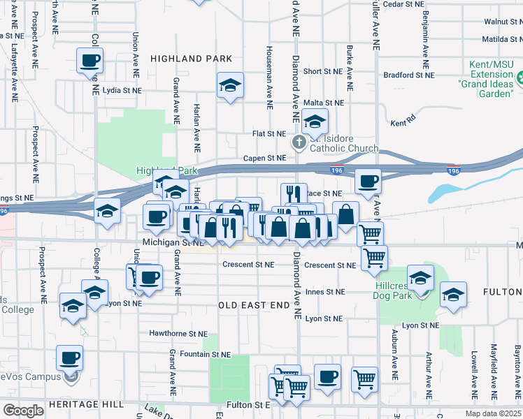map of restaurants, bars, coffee shops, grocery stores, and more near 466 Houseman Avenue Northeast in Grand Rapids
