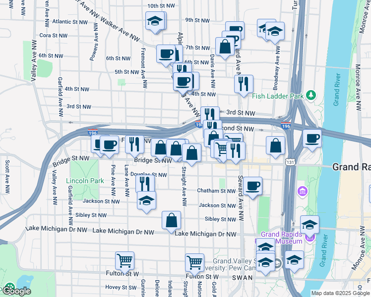 map of restaurants, bars, coffee shops, grocery stores, and more near 772 First Street Northwest in Grand Rapids