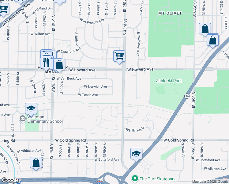 map of restaurants, bars, coffee shops, grocery stores, and more near 3961 South 43rd Street in Greenfield