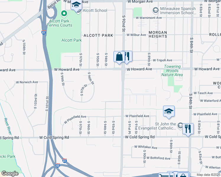 map of restaurants, bars, coffee shops, grocery stores, and more near 3939 South 92nd Street in Greenfield