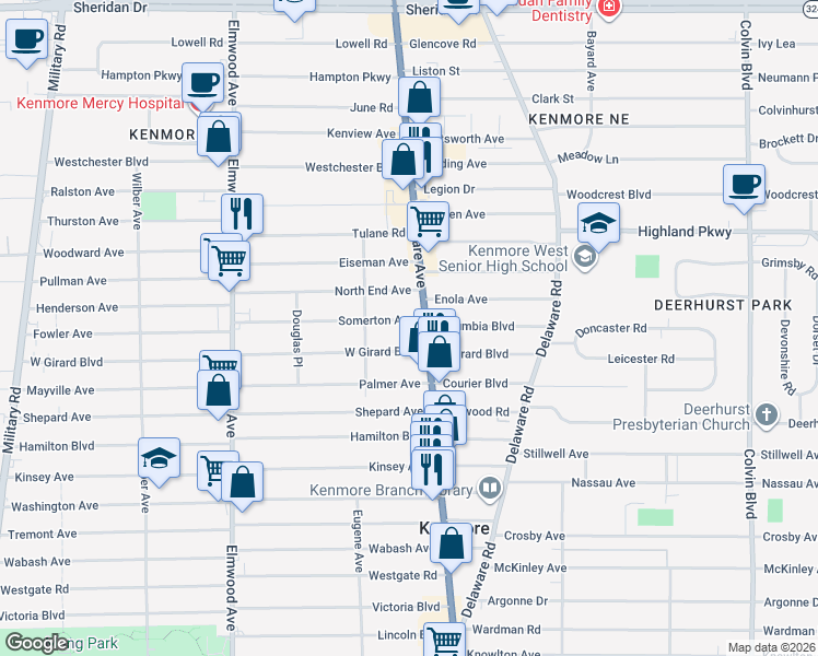 map of restaurants, bars, coffee shops, grocery stores, and more near 16 Somerton Avenue in Buffalo