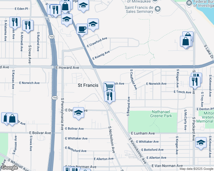 map of restaurants, bars, coffee shops, grocery stores, and more near 2927 East Norwich Avenue in Saint Francis