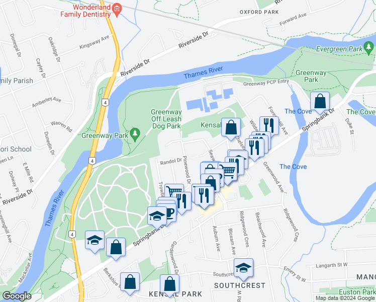 map of restaurants, bars, coffee shops, grocery stores, and more near 144 Pinewood Drive in London
