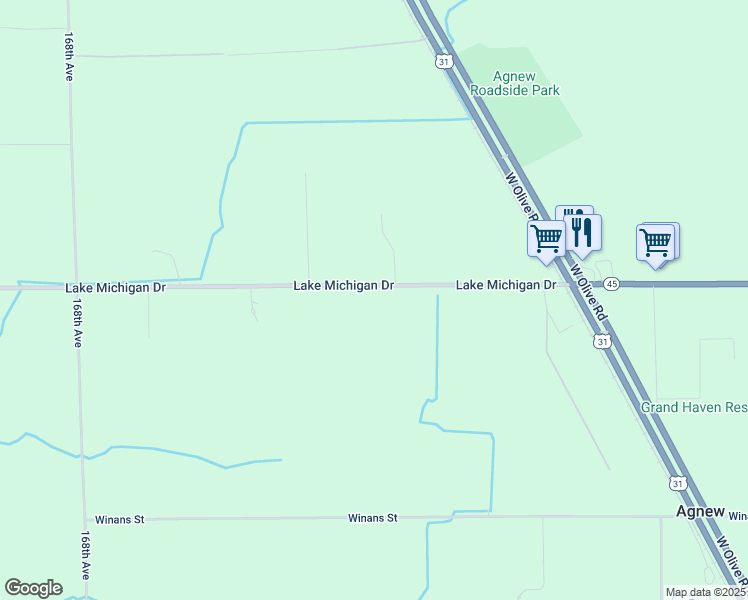 map of restaurants, bars, coffee shops, grocery stores, and more near 16245 Lake Michigan Drive in West Olive