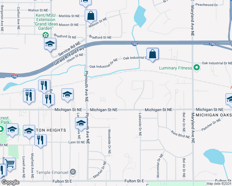 map of restaurants, bars, coffee shops, grocery stores, and more near 401 Briar Lane Northeast in Grand Rapids