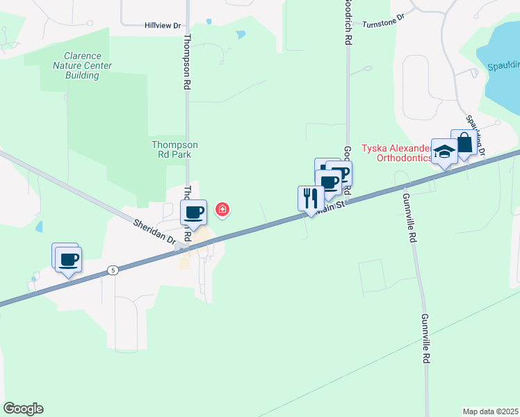 map of restaurants, bars, coffee shops, grocery stores, and more near 9370 Main Street in Clarence