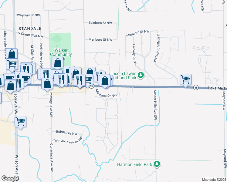 map of restaurants, bars, coffee shops, grocery stores, and more near 3800 Lake Michigan Drive Northwest in Walker
